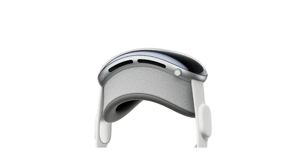 Vision Pro van boven met de Solo Knit Band, de Digital... Vision Pro van boven met de Solo Knit Band, de Digital Crown en de bovenste ventilatieopeningen
