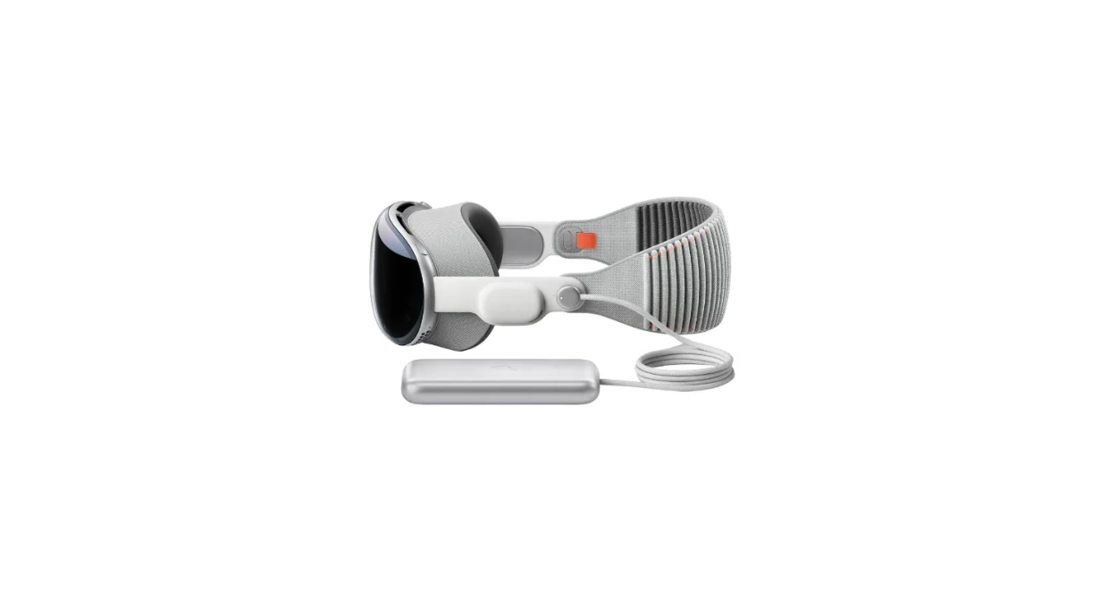 De Apple Vision Pro met de externe accu De Apple Vision Pro met de externe accu