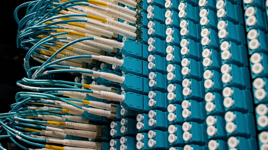 Blauwe glasvezelkabels zitten dicht op elkaar in een patchpaneel in een datacentrum