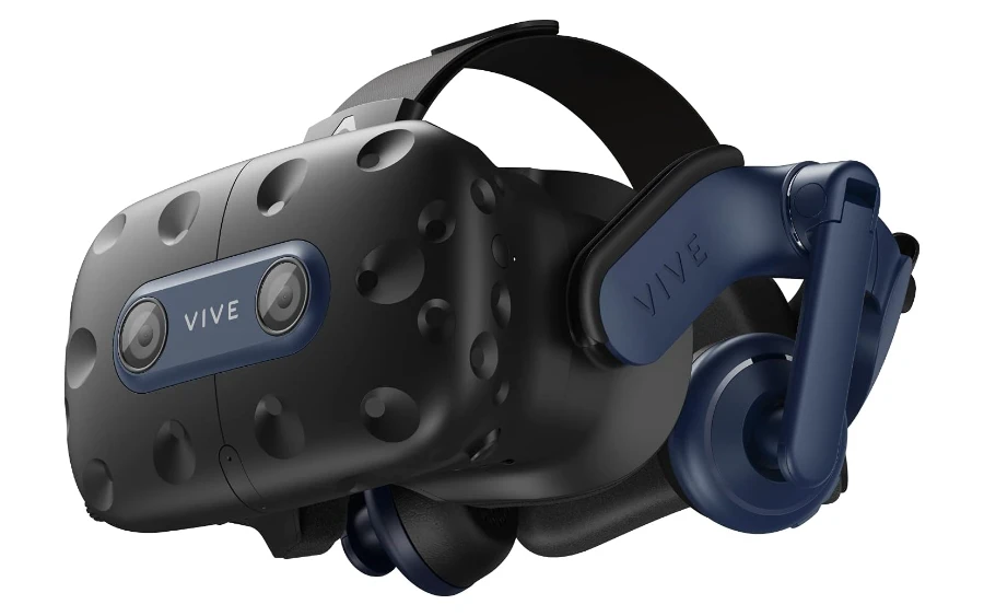 De HTC Vive Pro 2 schuin van links De HTC Vive Pro 2 schuin van links