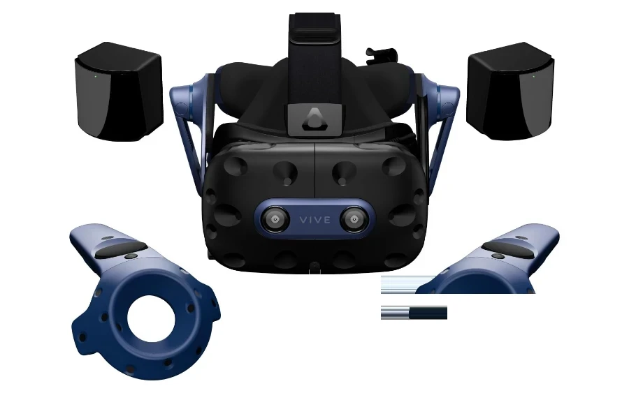 De HTC Vive Pro 2 full kit met de bril, twee controllers en twee basestations