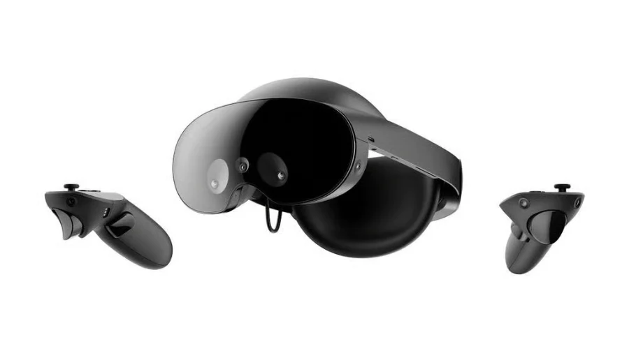 De Meta Quest Pro schuin van voren met beide Touch Pro-controllers