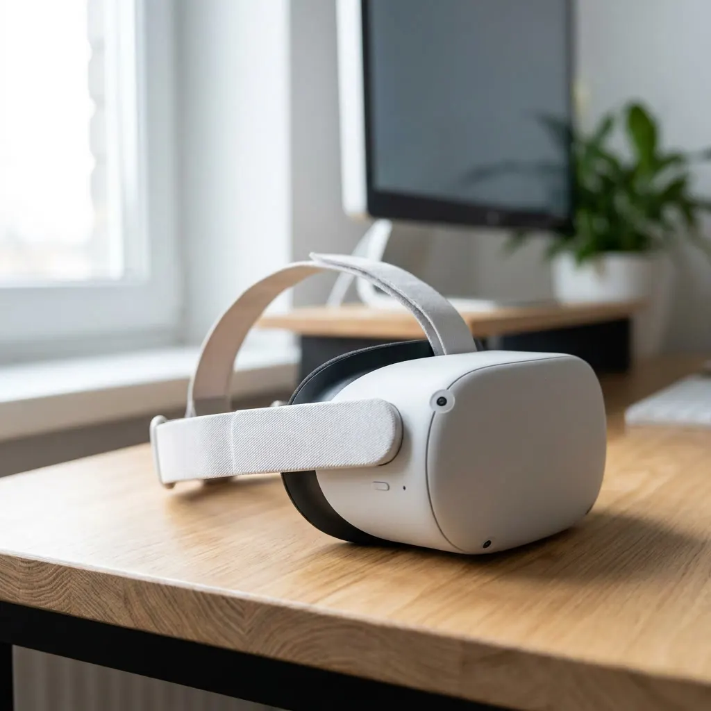 Witte Meta Quest VR bril op een houten bureau naast een monitor