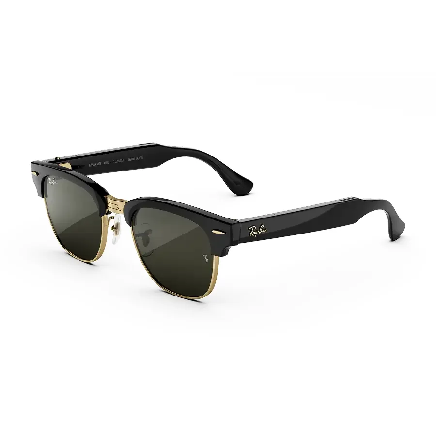 Ray-Ban Meta Audio Clubmaster in glanzend zwart op goud met groene glazen, van links