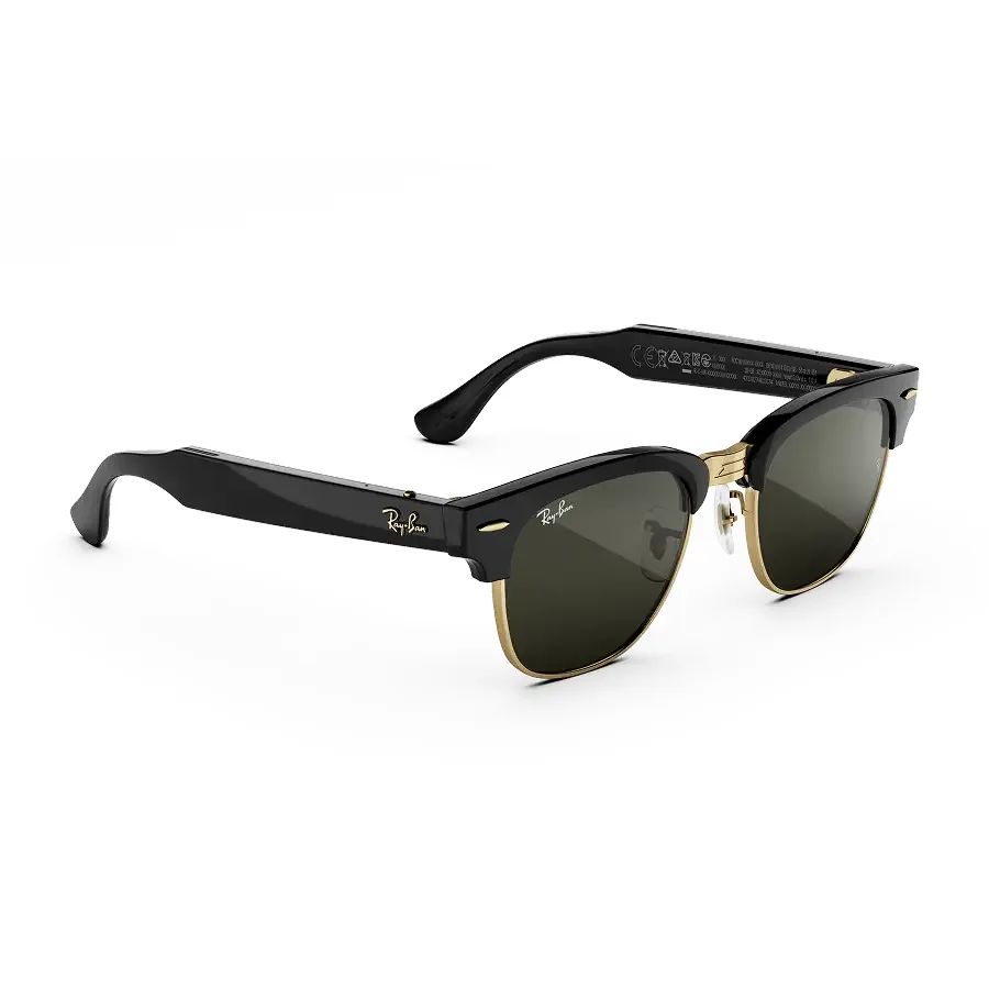 Ray-Ban Meta Audio Clubmaster in glanzend zwart op goud met groene glazen, van rechts