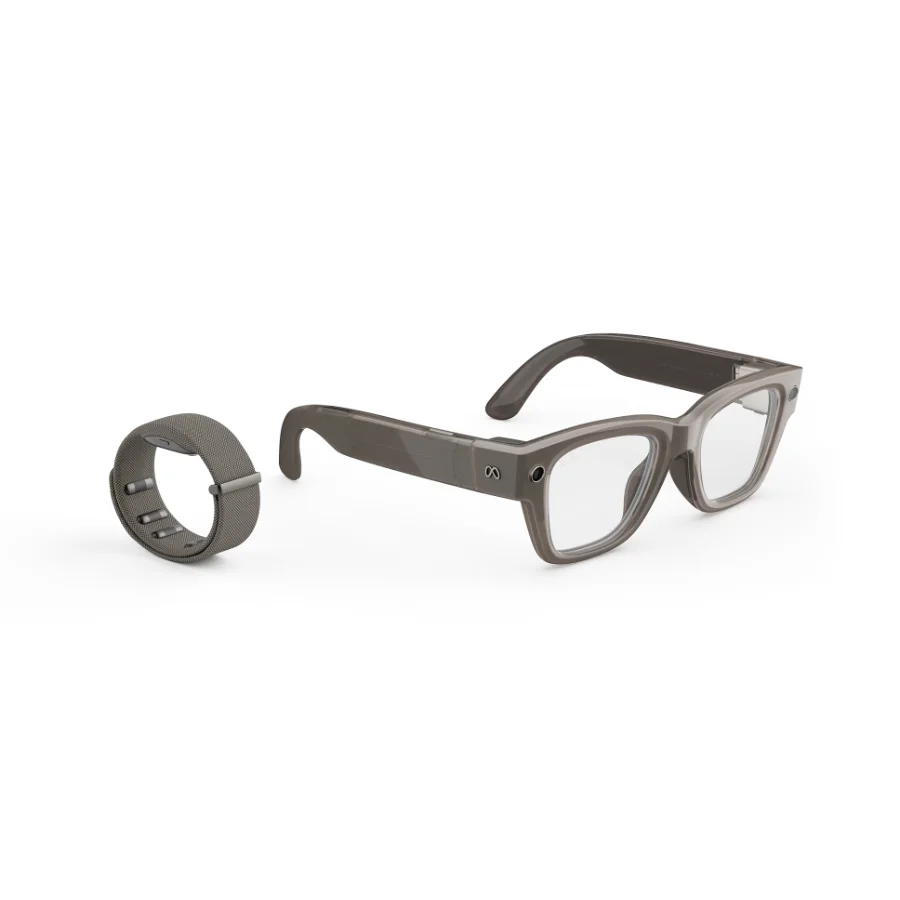 ray ban meta display Meta Ray-Ban Display in Shiny Sand met Transitions-glazen, recht van voren naast de grijze Neural Band