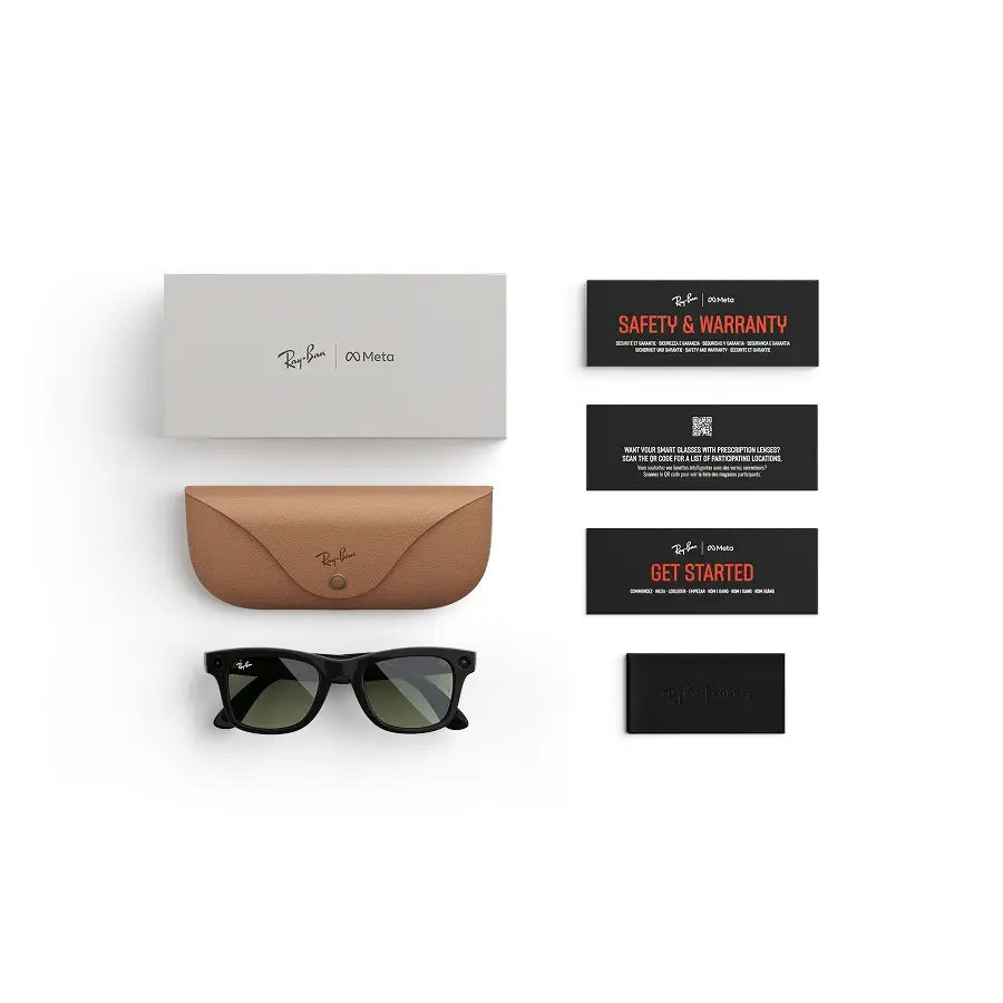 ray-ban meta wayfarer gen 2 Ray-Ban Meta Wayfarer (gen 2) in Shiny Black met Green-glazen, met etui, oplaadkabel en documentatie uit de verpakking