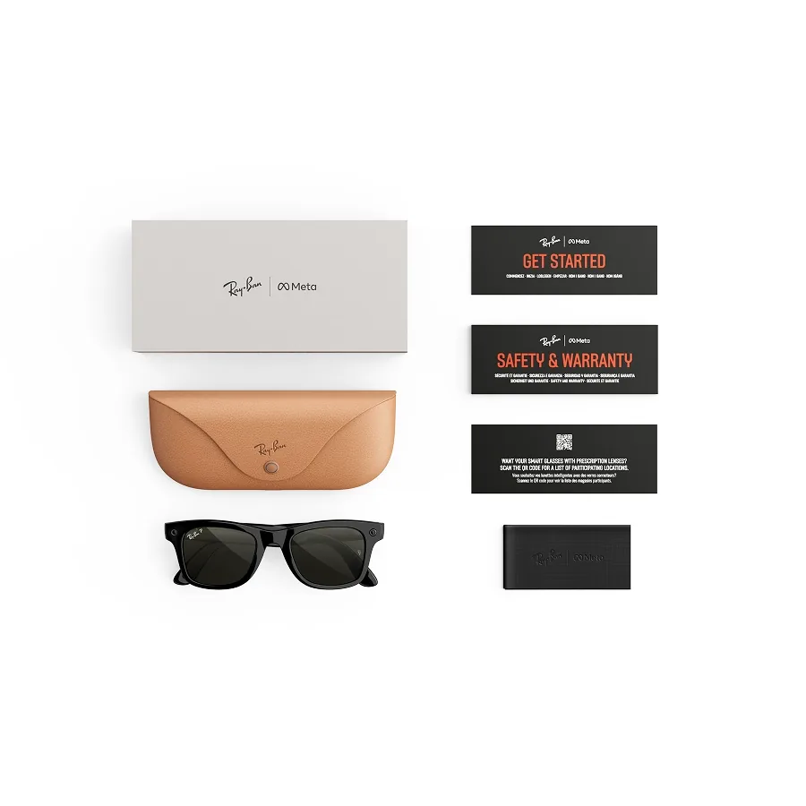 Inhoud van de doos van de Ray-Ban Meta Wayfarer (gen 3): bril, oplaadcase, schoonmaakdoekje en snelstartgids