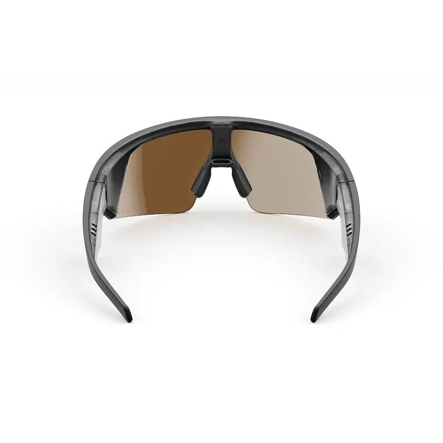 oakley vanguard Oakley Meta Vanguard van achteren: doorschijnend grijs montuur met bronskleurige glazen