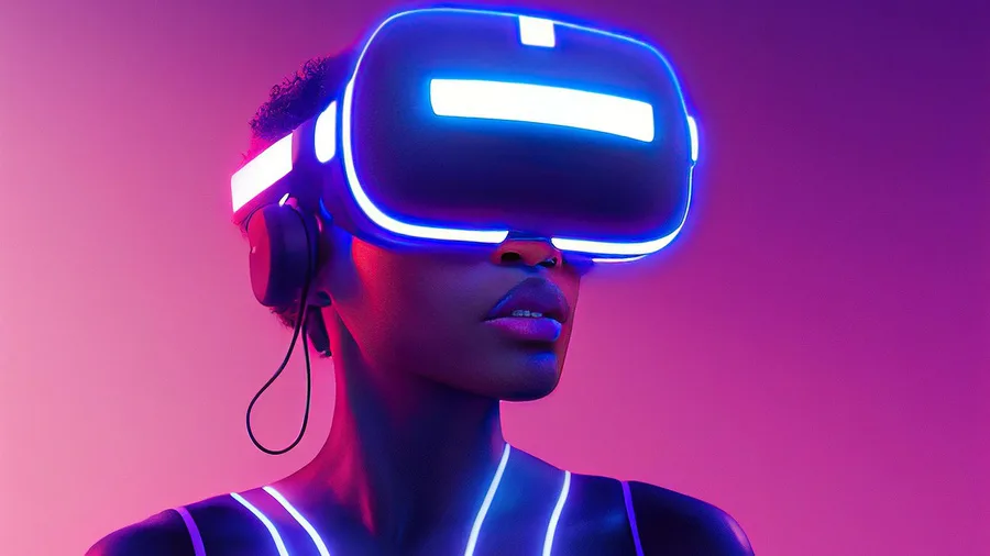 Persoon met een verlichte VR bril tegen een gekleurde achtergrond